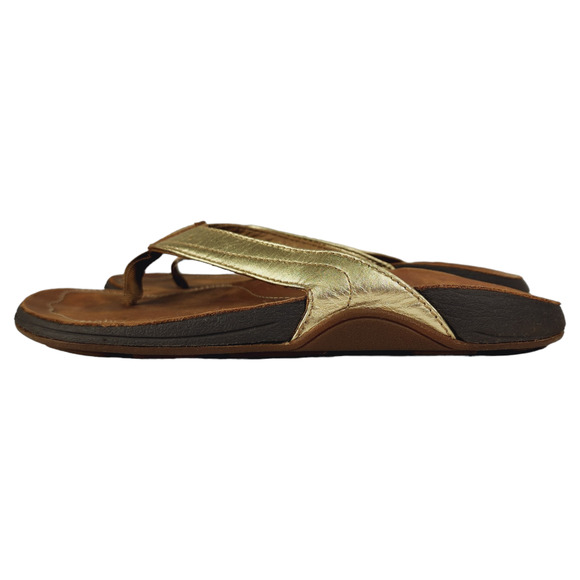 OluKai Womens Flip Flop Sandal sz 5 35 Kumu Gold Brown Leather‎ Rubber Hawaiian - Picture 3 of 10